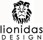 Schwarz-weißes Logo mit stilisiertem Löwenkopf und Text: "lionidas DESIGN".