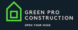 Green Pro Construction logo with green house icon and "Open Your Mind" tagline on dark background.