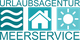 Drei Symbole: Wellen, Haus, Sonne; Text: "Urlaubsagentur Meerservice" in Blau.