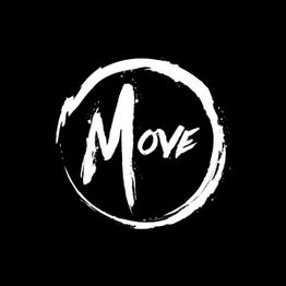 Schwarzer Hintergrund mit weißem Pinselstrich-Kreis und dem Wort "Move" in der Mitte.