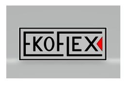 Logo mit dem Text "EKO FLEX" in Schwarz, roter Akzent am "X", grauer Hintergrund.
