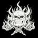 A flaming skull with crossed tattoo machines on a black background.
