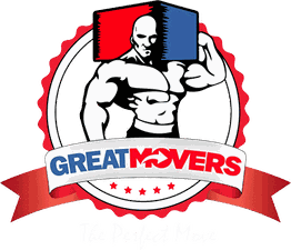 Bodybuilder with a box, "Great Movers" text below, red ribbon, "The Perfect Move" slogan.