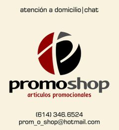 Logotipo de "promoshop" con contacto y atención a domicilio.
