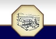Logo mit Zeichnung eines Hauses und Kirchturm auf achteckigem Hintergrund.
