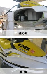 Damaged and repaired jet ski, labeled "Before" and "After."