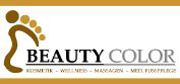 Logo mit Fußabdruck, Schriftzug "Beauty Color" und Bereichen: Kosmetik, Wellness, Massage, Fußpflege.