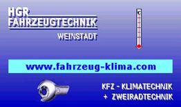 Blaue Grafik mit "HGR Fahrzeugtechnik Weinstadt" und "www.fahrzeug-klima.com".