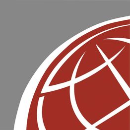 Rotes, stilisiertes Globus-Design auf grauem Hintergrund mit weißem Muster.