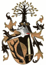 Wappen mit Helm, Schwert, Baum und Ornamenten.