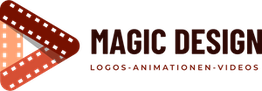 Rotes, dreieckiges Logo mit Text: "Magic Design. Logos, Animationen, Videos" in schwarzer Schrift.
