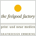 Grafikdesign-Logo mit gelbem Punkt und Text: "the feelgood factory, print und neue medien."