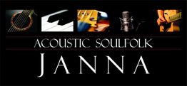 Banner mit Musikinstrumenten und Mikrofon, Text: "Acoustic Soulfolk Janna".
