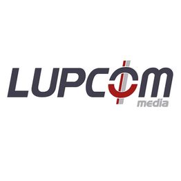 Logo mit Schriftzug "LUPCOM media" in grauer und roter Farbe auf weißem Hintergrund.