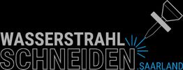 Logo mit Text "Wasserstrahlschneiden Saarland", stilisierte Wasserstrahldüse oben rechts.