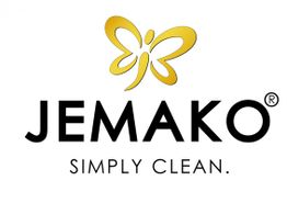 Schmetterlingslogo mit Text "JEMAKO" und Slogan "Simply Clean".
