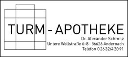 "Logo und Kontakt der Turm-Apotheke in Andernach, geleitet von Dr. Alexander Schmitz."
