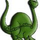 Grüner Cartoon-Dinosaurier mit langem Hals und einem Lächeln. Text: "Dinotec-Show".