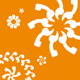 Abstrakte weiße Blumenmuster auf orangefarbenem Hintergrund.