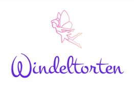 Ein lila Schriftzug "Windeltorten" mit einer pinken Elfe darüber auf weißem Hintergrund.