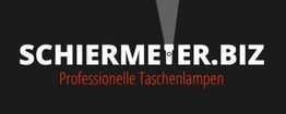 SCHIERMETER.BIZ-Logo: "Professionelle Taschenlampen" auf schwarzem Hintergrund.