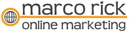 Logo mit Text: "marco rick online marketing" und Symbol einer Weltkugel in Orange.