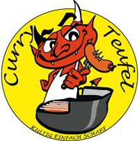 Ein Cartoon-Teufel kocht Currywurst in einem Kochtopf, umgeben von den Worten "Curry Teufel".