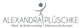 Logo von Alexandra Plüschke; Mind- & Bodycoaching, Körperpsychotherapie mit abstrakter Figur.