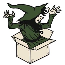 Hexe mit grünem Hut und Kleid springt aus einer geöffneten Kiste, Arme erhoben.