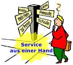 Ein Mann steht vor einem Wegweiser mit Schildern. Text: "Service aus einer Hand".