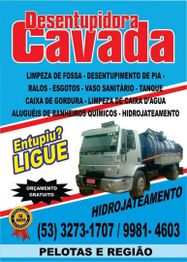 Cartaz da Desentupidora Cavada com serviços de limpeza e contato: (53) 3273-1707 / 9981-4603.