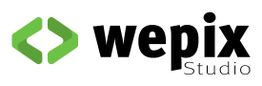 Logo di Wepix Studio con forme verdi e testo nero stilizzato.