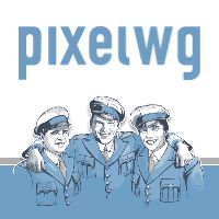 Drei Uniformierte lächeln vor dem Schriftzug "pixelwg".