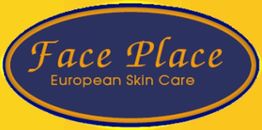 Logo with text "Face Place European Skin Care," yellow font on a dark blue oval background.