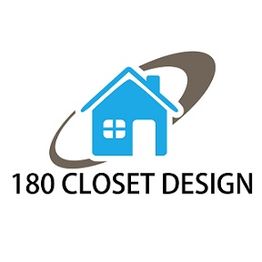 Logo with a blue house and text "180 Closet Design" below, encircled by a brown swoosh.