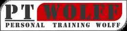 Logo mit Text: "PT Wolff Personal Training Wolff". Hintergrund in Weiß und Rot.