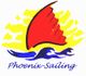 Logo mit rotem Segel, blauen Wellen und gelbem Hintergrund. Text: Phoenix-Sailing.