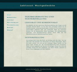 Website für Lektorat und Korrektorat mit Menü links und Text auf Deutsch.