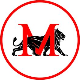 Lettera "M" rossa con un leone nero stilizzato, cerchio rosso su sfondo bianco.