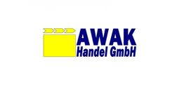 Gelbes Logo mit schwarzen Pfeilen und blauem Text: "AWAK Handel GmbH".