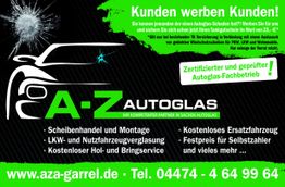 A-Z Autoglas Werbung mit Informationen zu Dienstleistungen und Kontakt, inklusive Autoglas-Reparatur.
