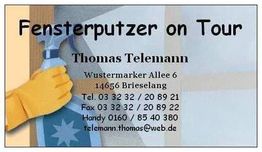 Visitenkarte eines Fensterputzers mit Kontaktinfos von Thomas Telemann in Brieselang.