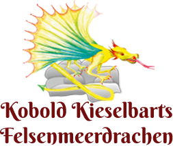 Ein gelber Drache mit bunten Flügeln auf grauen Wolken, darunter roter Text auf weißem Hintergrund.