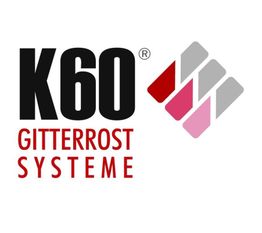 Logo mit Schriftzug "K60 Gitterrost Systeme" und drei schrägen, farbigen Linien rechts daneben.