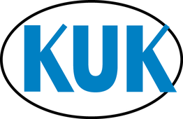 Logo mit blauen Buchstaben "KUK" auf weißem ovalen Hintergrund.