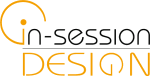 Logo von "in-session DESIGN" in Schwarz und Orange mit stilisiertem Pfeil.