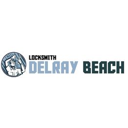 Logo with a locksmith holding tools next to the text: "LOCKSMITH DELRAY BEACH".