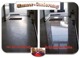 Marmorboden vor und nach Sanierung, links matt, rechts glänzend.