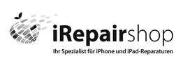 Logo von iRepairshop, spezialisiert auf iPhone- und iPad-Reparaturen, mit einem stilisierten Apfel.