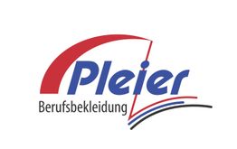 Logo von Pleier Berufsbekleidung, roter Bogen über blauem Schriftzug, farbige Linien darunter.